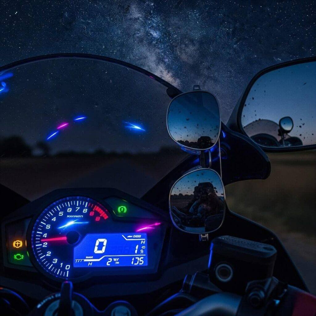 Motorcycle dashboard under starry Indian sky.

