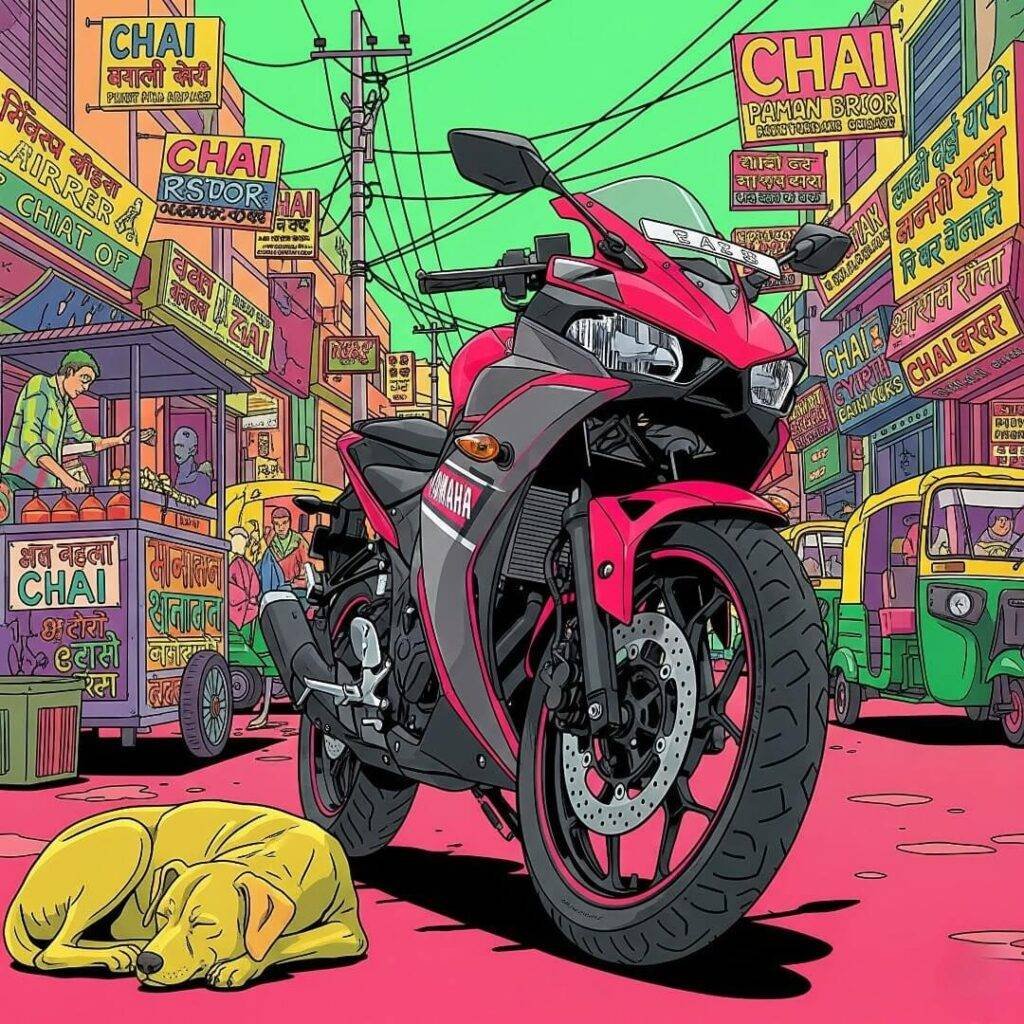 Pop-art Yamaha R3 on a chaotic Indian street.
