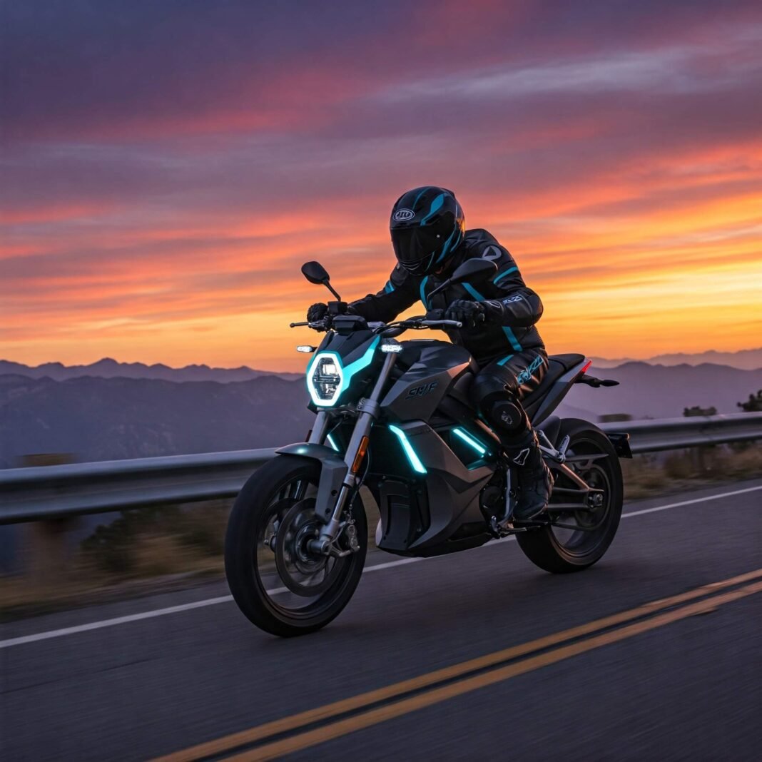 Electric motorcycle speeds through mountain sunset.