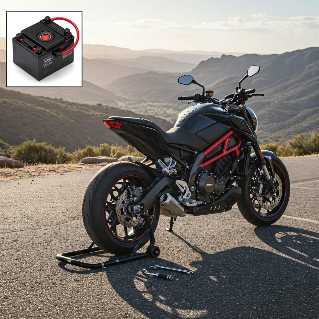 Sleek motorcycle parked outdoors, close-up inset of pristine battery.'