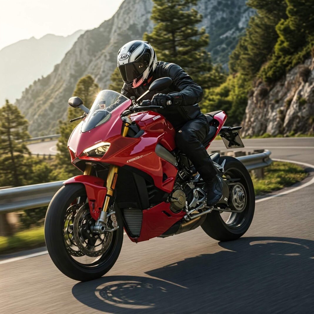 Motorcycle speeding on a scenic mountain road,