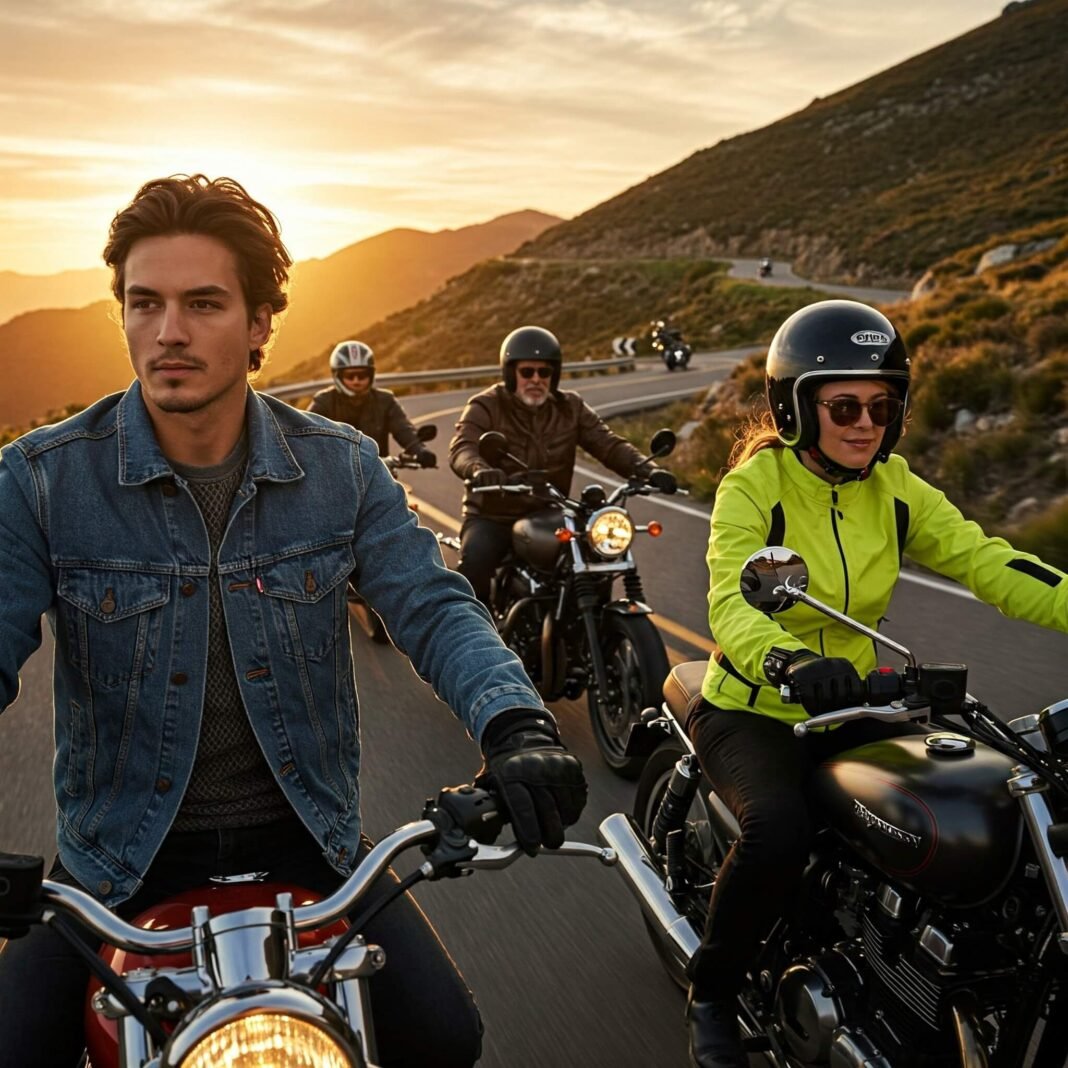 Motorcycle riders sunset mountain road