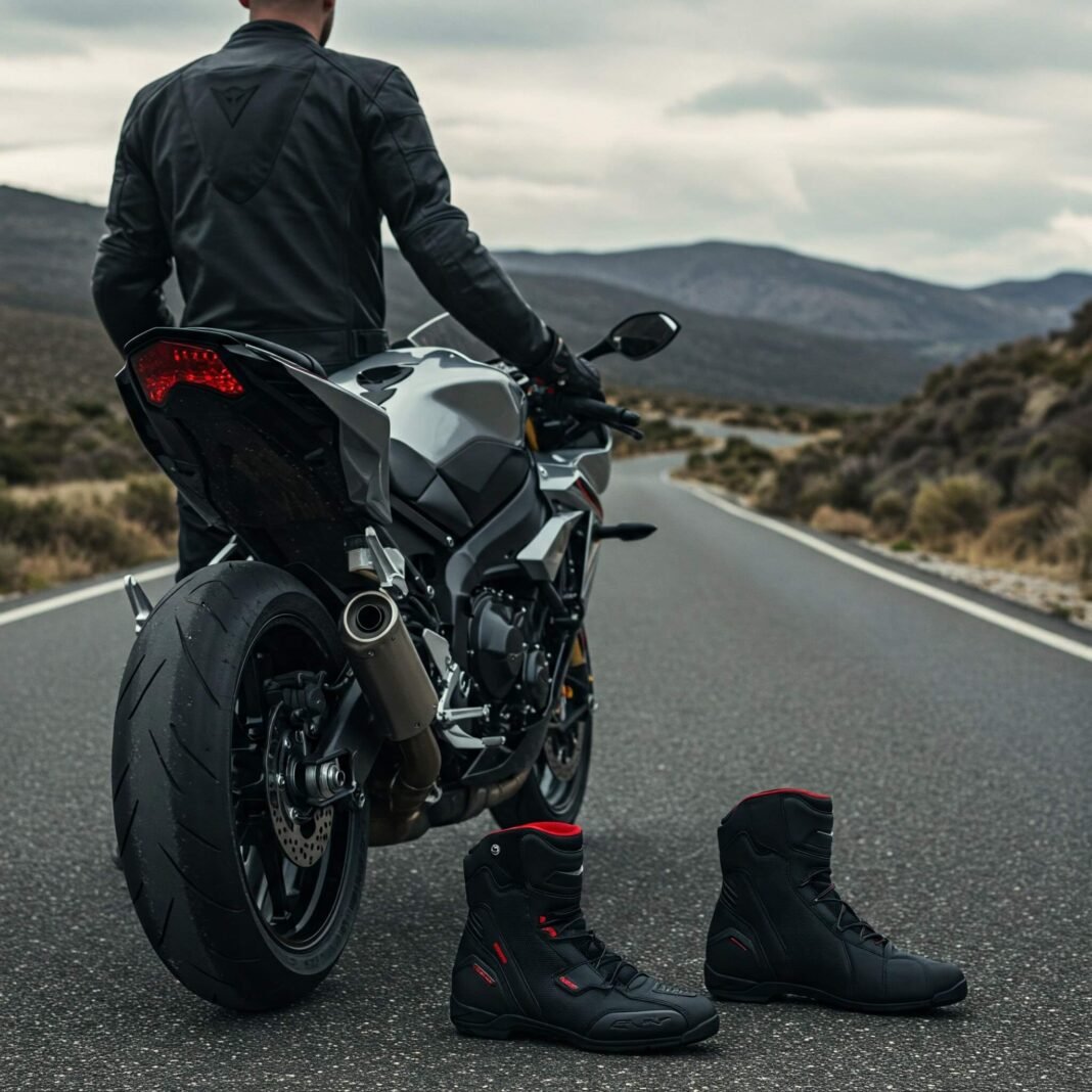 Motorcycle boots on open road