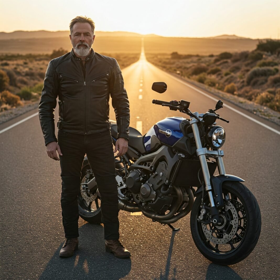 Confident motorcyclist at sunset