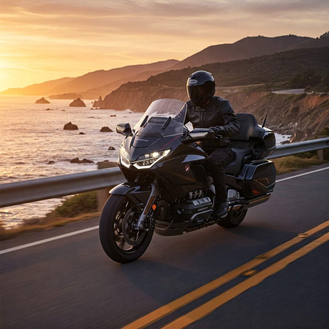 Sport cruiser bike on coastal highway at sunset.