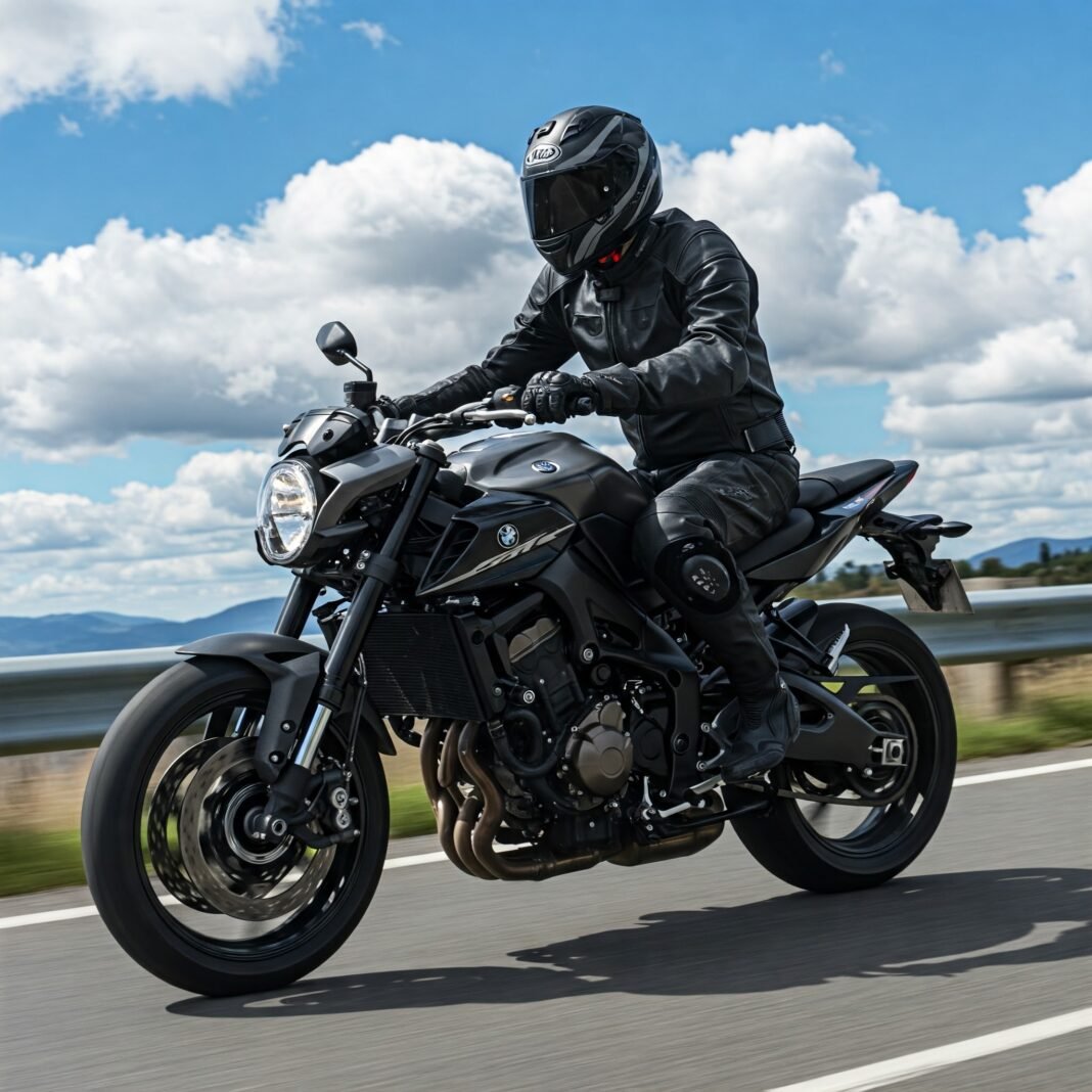 Motorcyclist in full gear on scenic road.