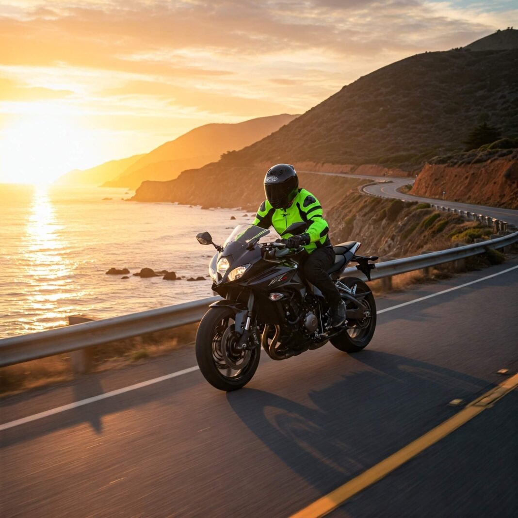 Coastal highway motorcycle ride at sunset.