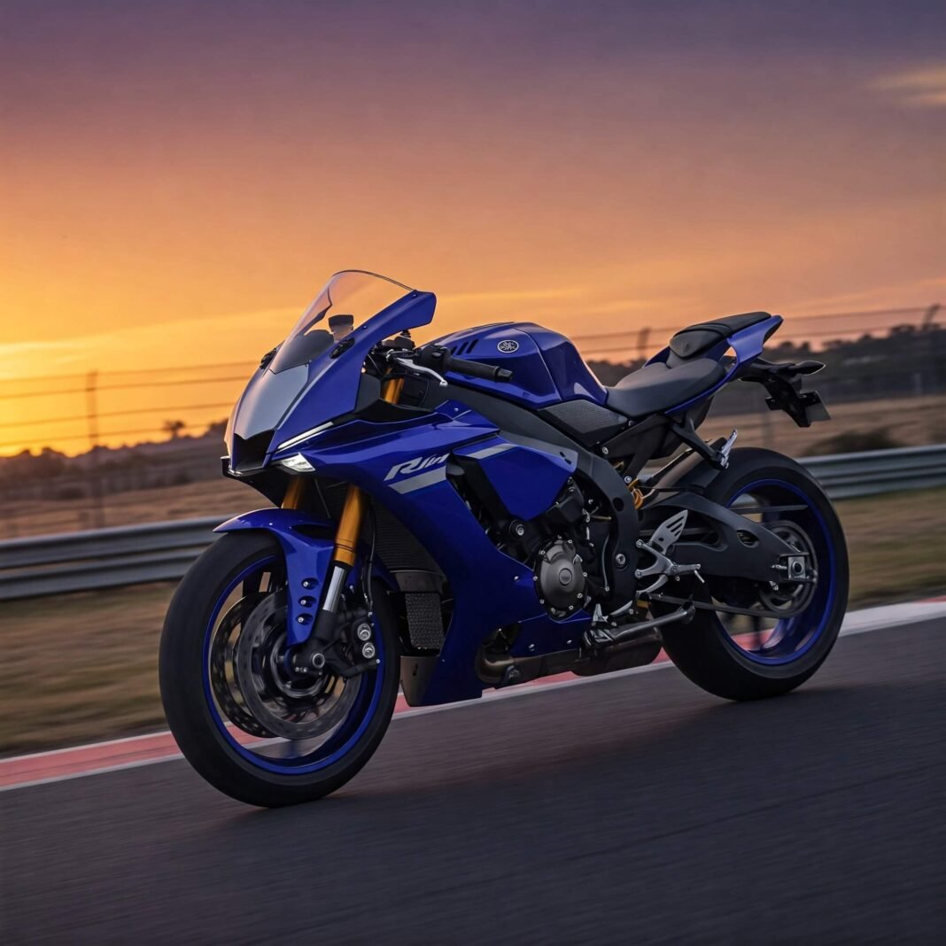Blue Yamaha R1M on Racetrack at Sunset