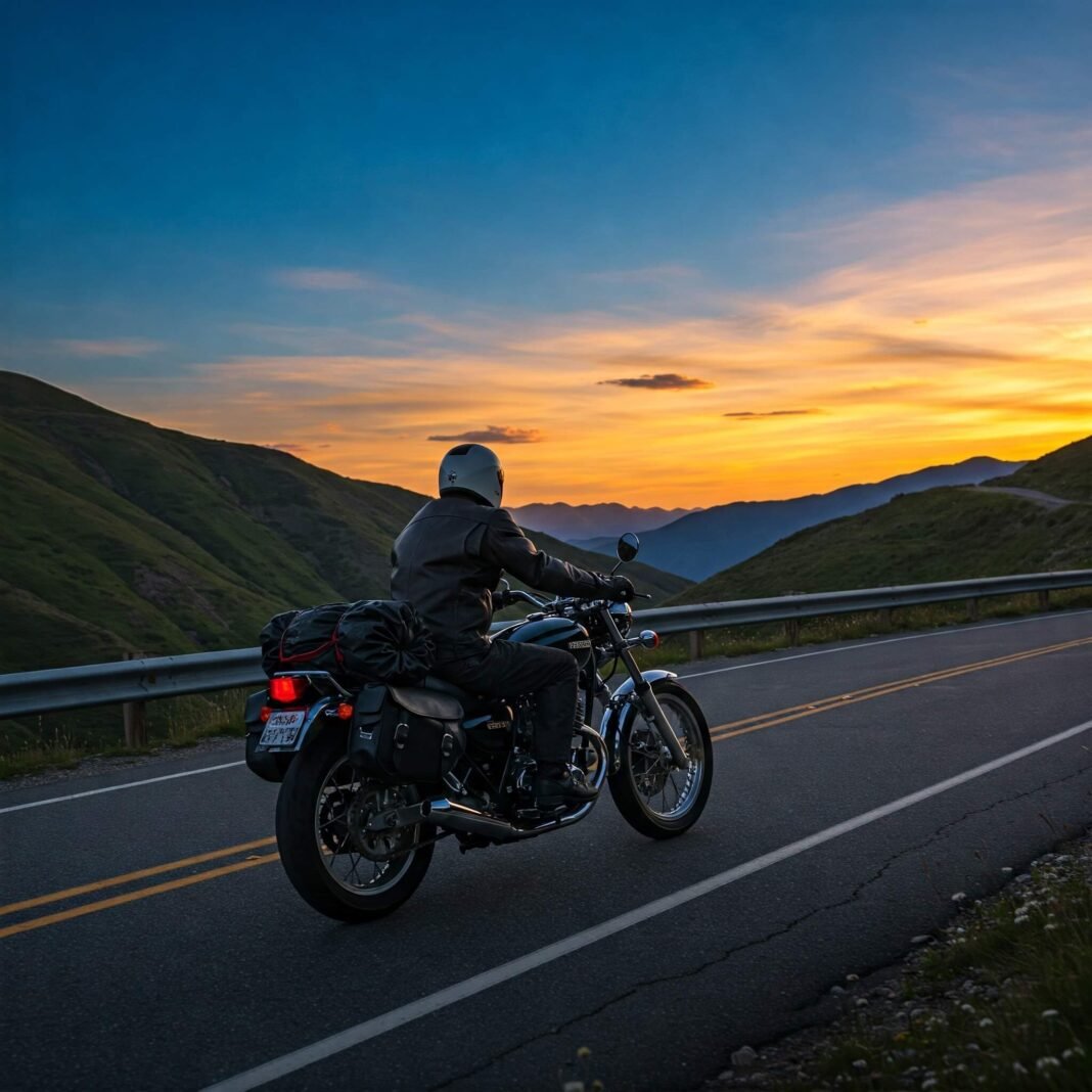 Motorcyclist on winding mountain road at sunset.