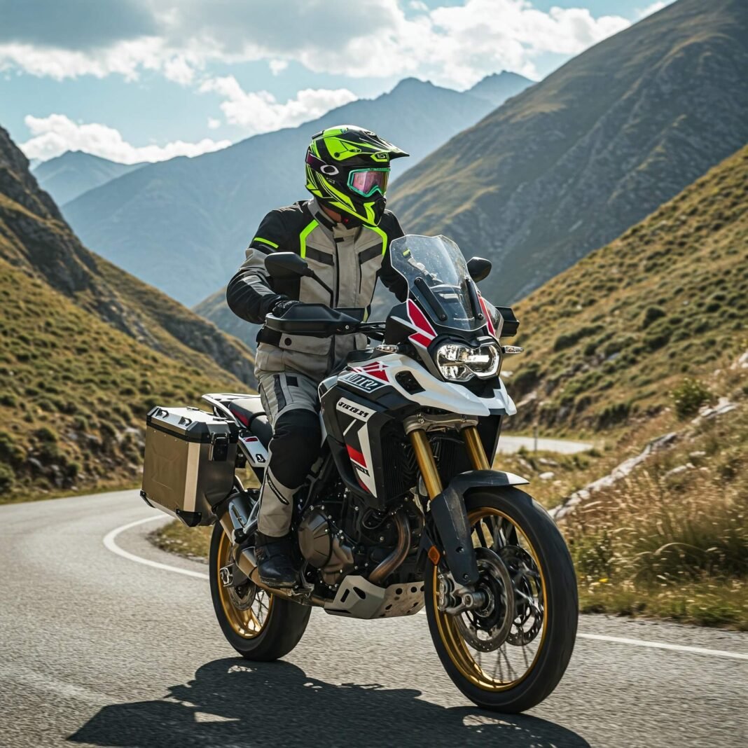 Motorcyclist on mountain pass adventure.