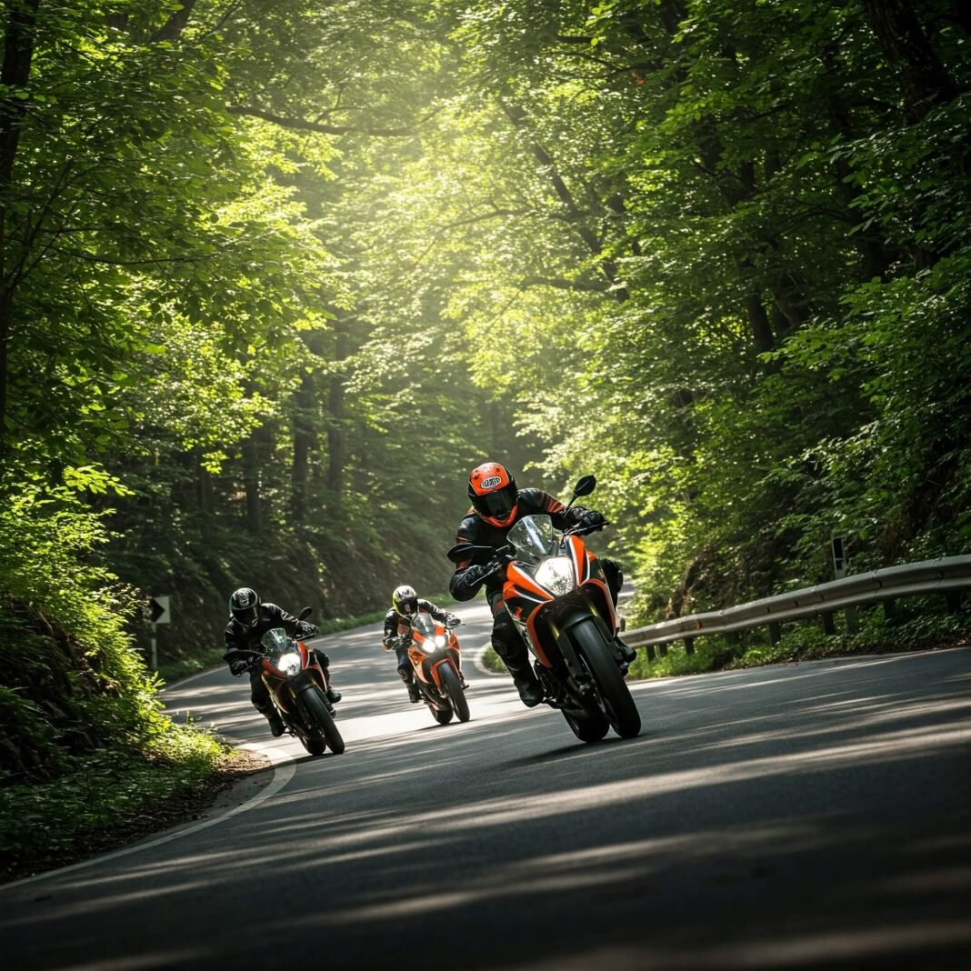 Motorcycle Riders on Forest Road