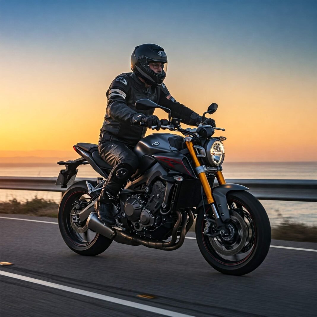 Motorcycle rider on coastal highway at sunset.