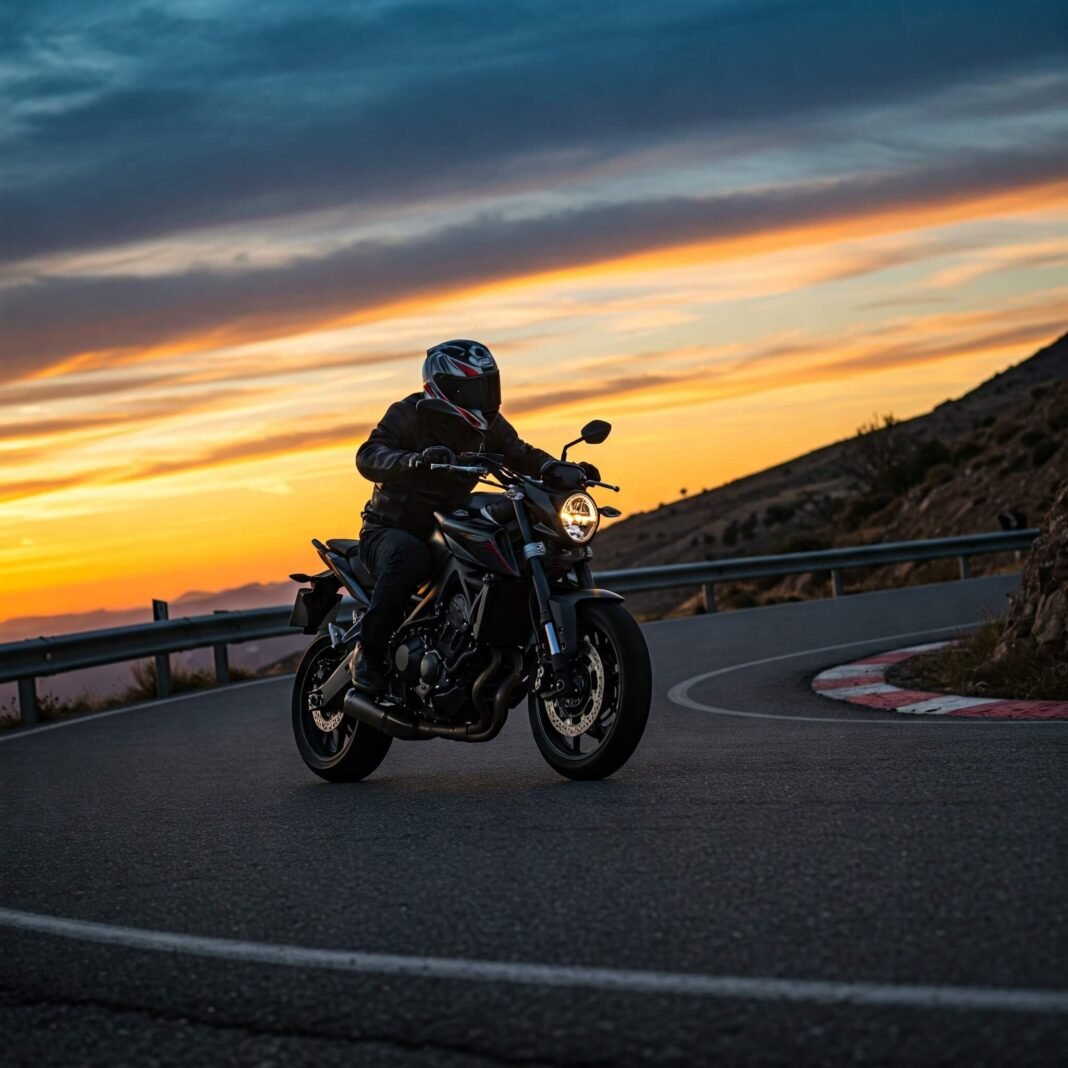 Motorcyclist on mountain road at sunset