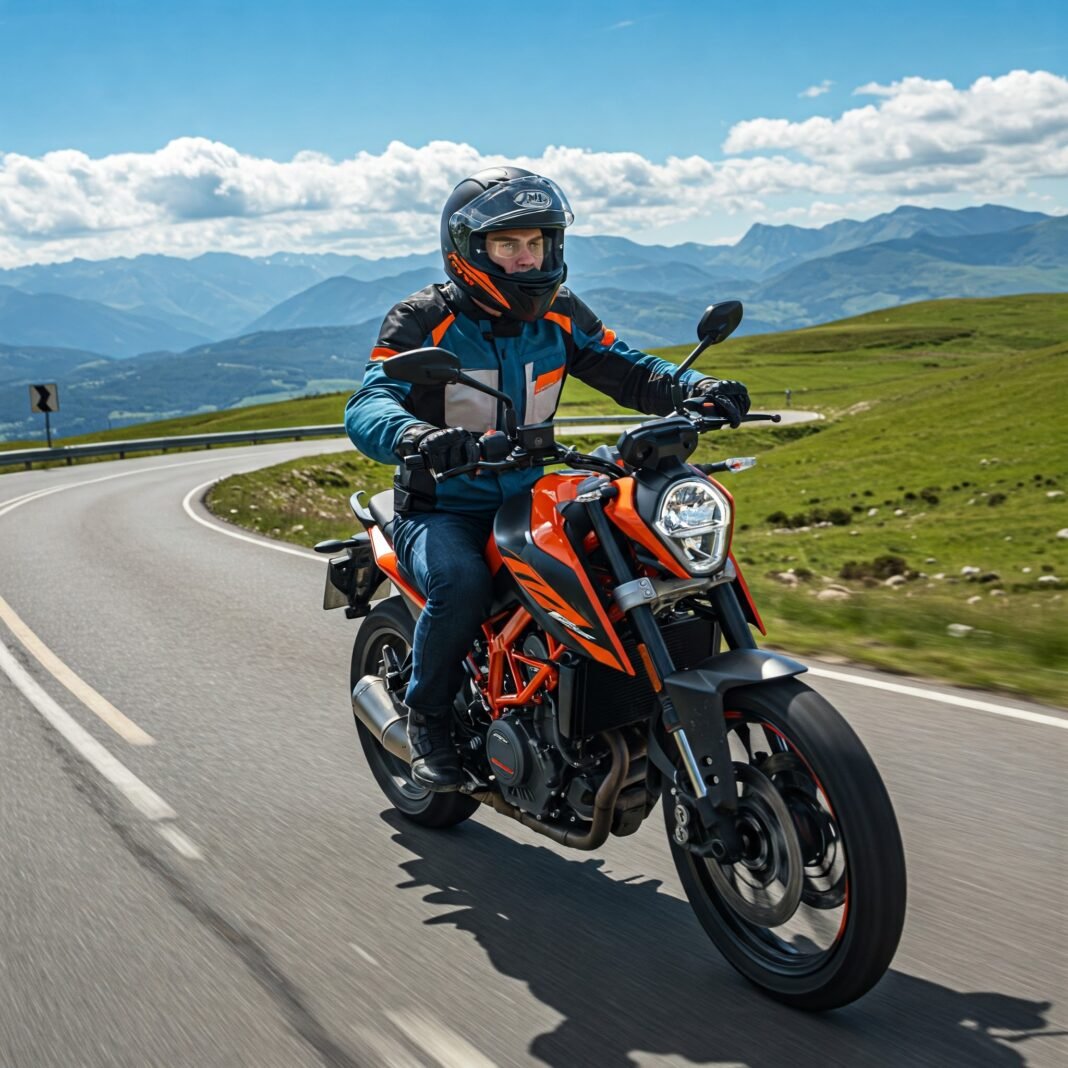 Motorcyclist on scenic mountain road.