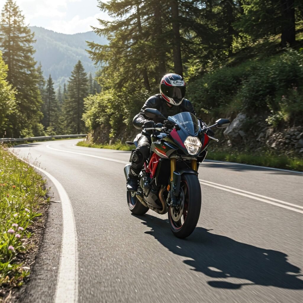 Safe motorcycle ride on scenic mountain road