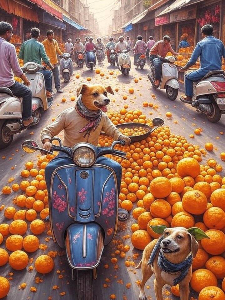 Chaotic Indian street, scooters, vendor, dog with scarf.