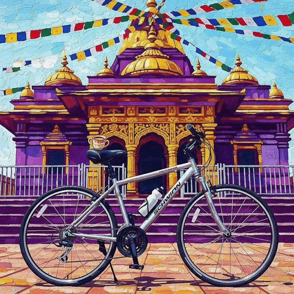 Schwinn bike outside colorful Indian temple with chai cup.