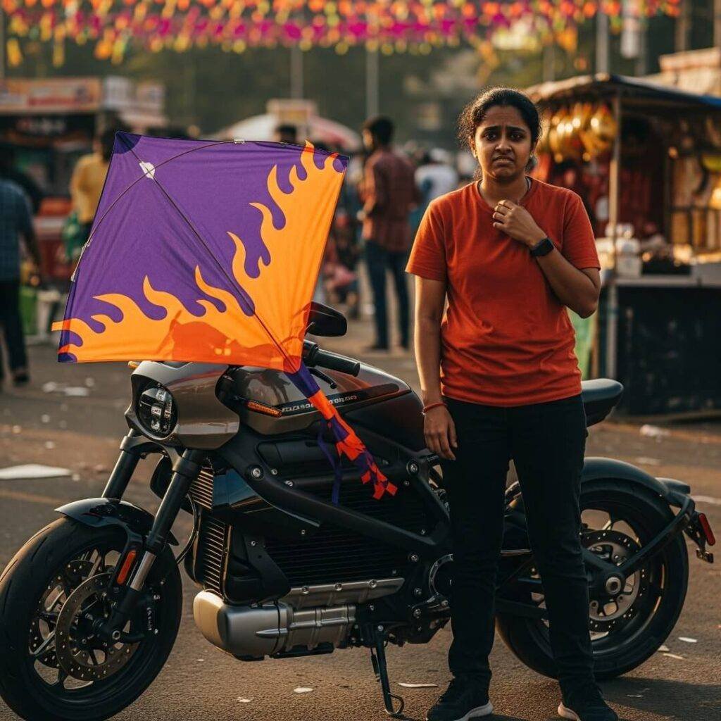 Woman posing awkwardly with a motorbike and tangled kite.