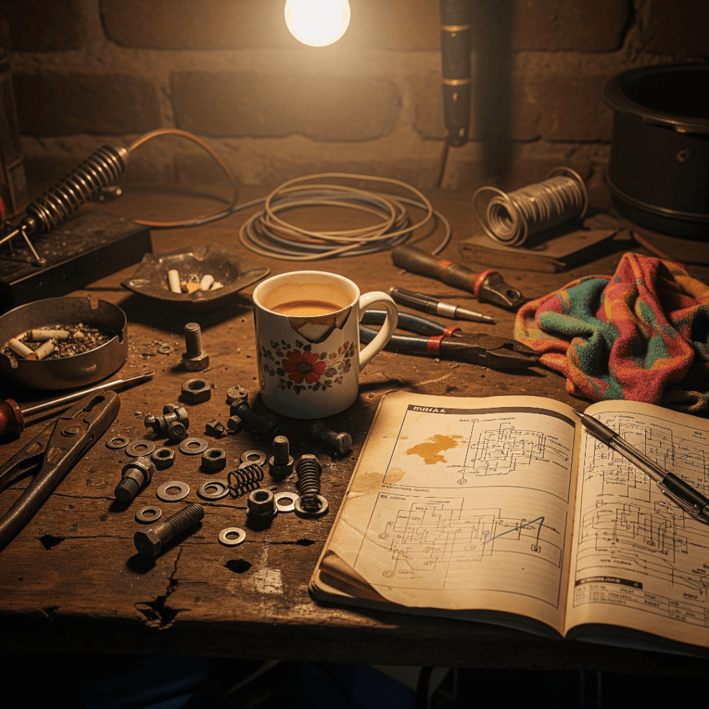 Cluttered workbench in a tiny Indian garage with a chai mug.