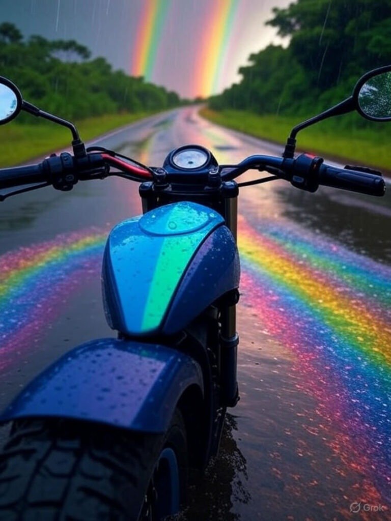 Electric motorcycle POV, monsoon road with rainbow.