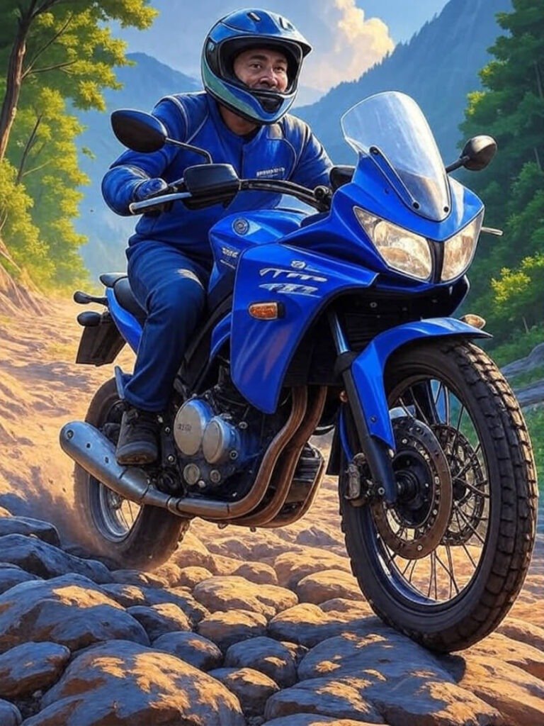 Rider on Yamaha TT-R125, rocky trail action.