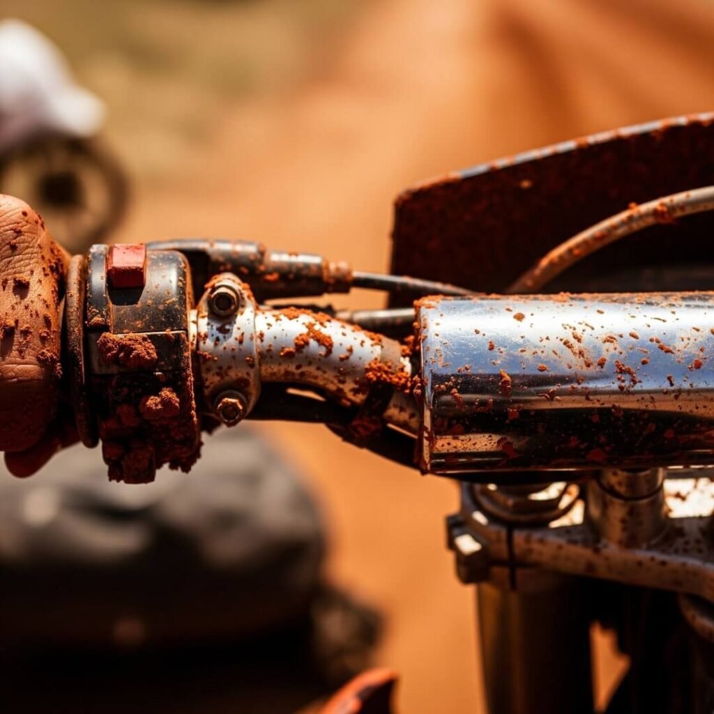 Sweaty, dirt-caked hands gripping dirt bike handlebars.