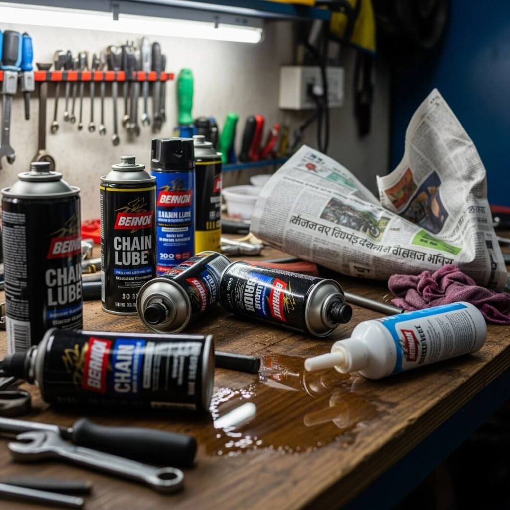 Chaotic workbench with chain lube, cleaner, and newspaper.