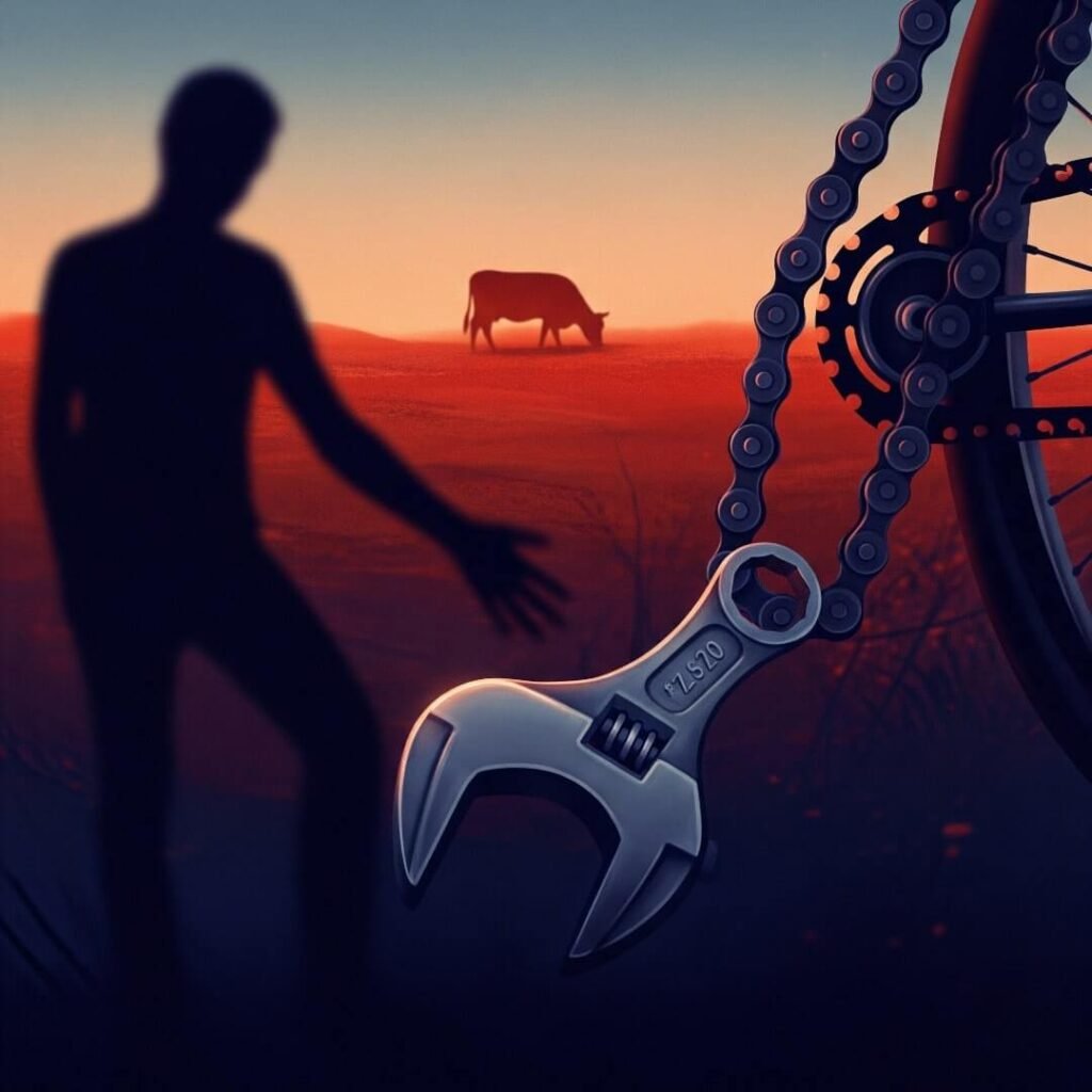 Wrench on bike chain, person's shadow, cow.