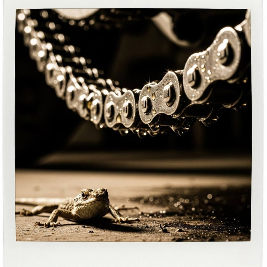 Oiled motorcycle chain, lizard, vintage photo.