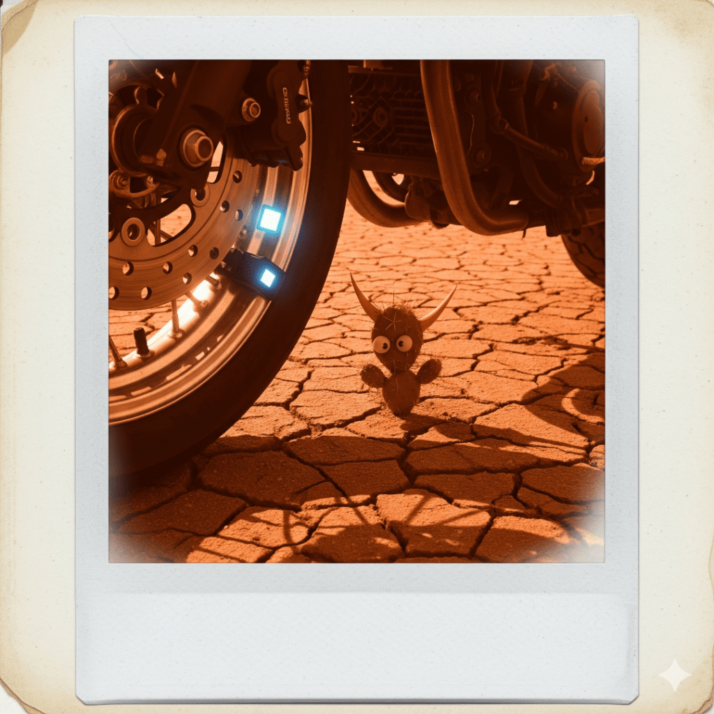 Motorcycle tire with TPMS sensor and tiny cactus.