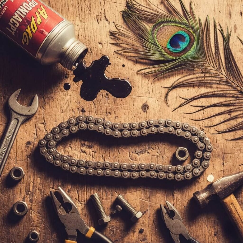 Motorcycle chain, tools, lube, peacock feather on wood.