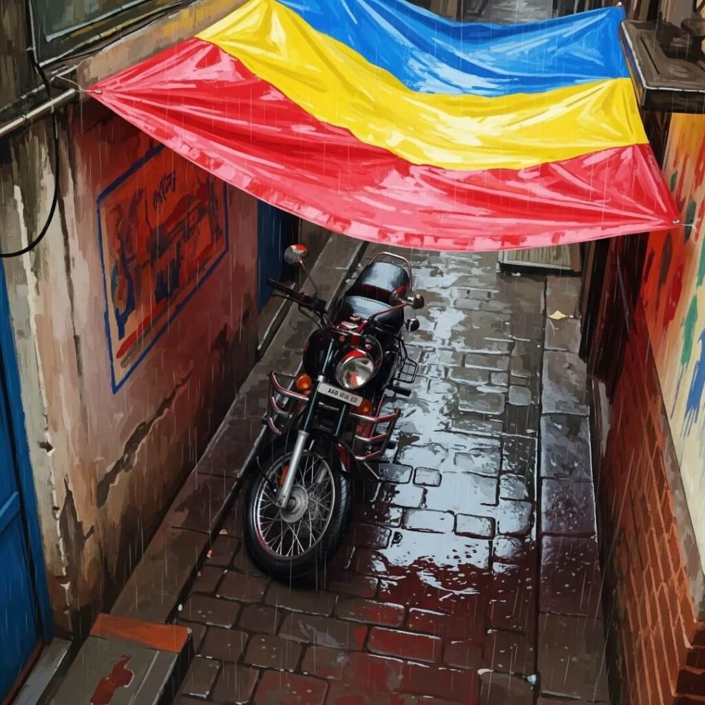 Motorcycle under colorful tarp in rainy Indian alley.