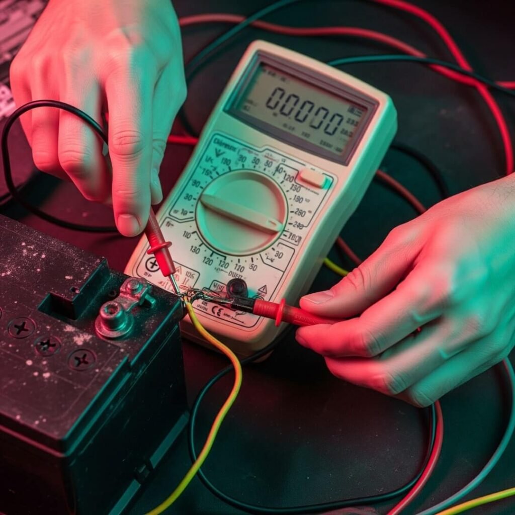 Shaky hands fumble with multimeter and tangled wires.


