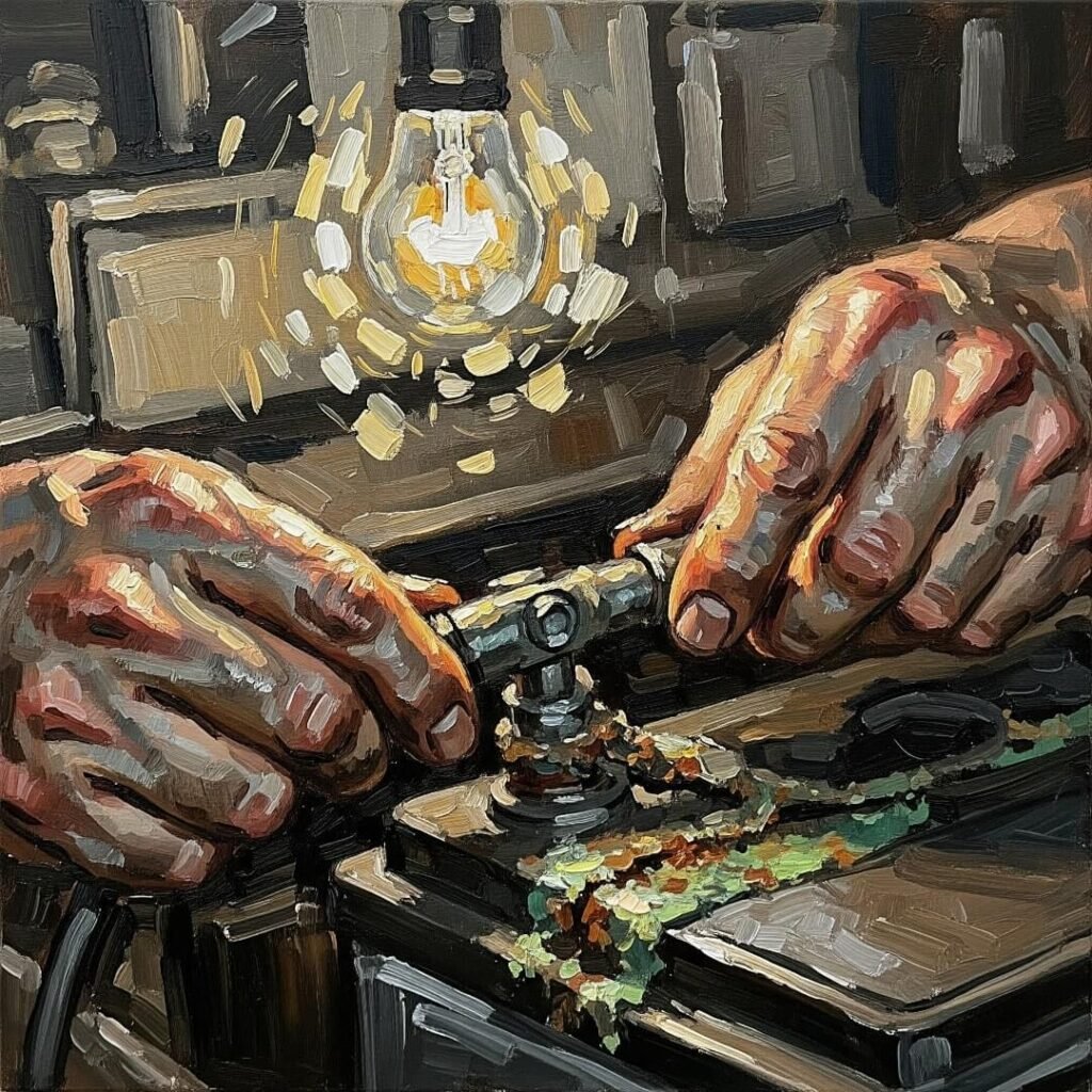 Hands fixing battery under flickering light, impressionistic.


