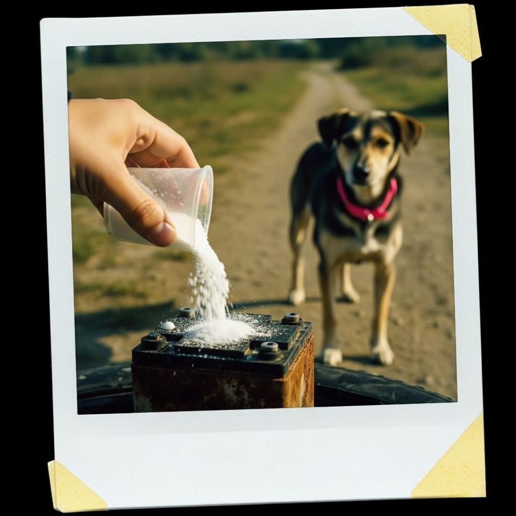 Hand pours baking soda on battery, dog watches.

