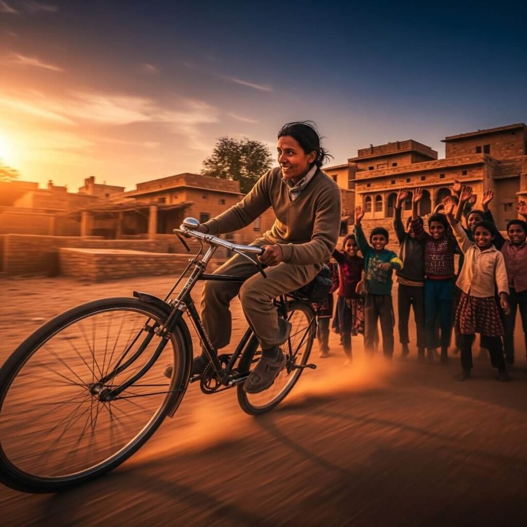 Woman on bicycle, kids waving, desert village.