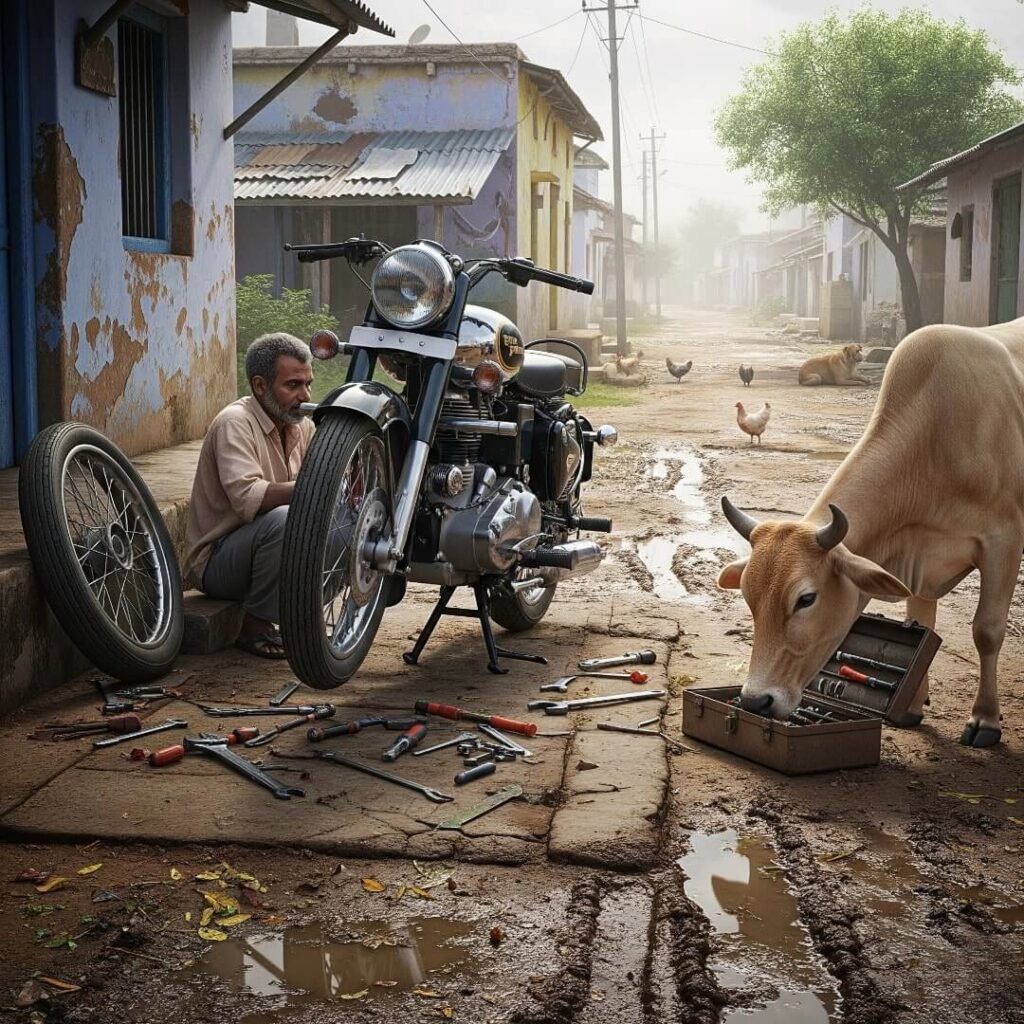 Man repairing bike on a muddy road, cow sniffs toolbox.
