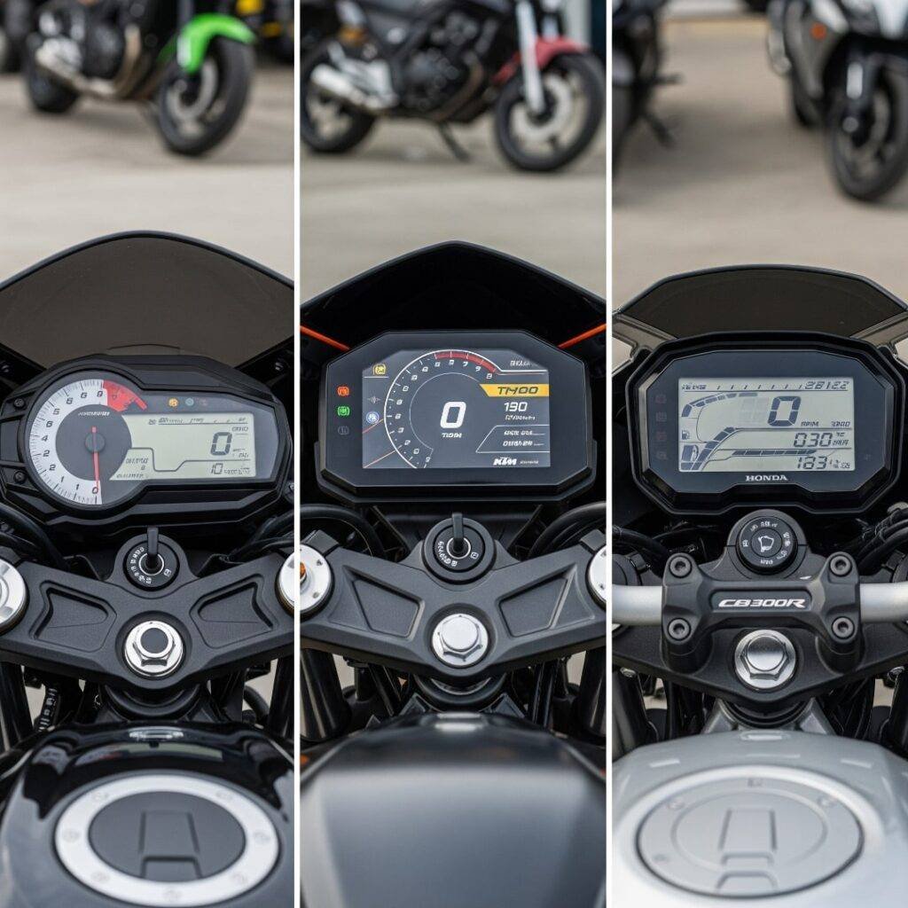 Dashboards of affordable starter motorcycles.