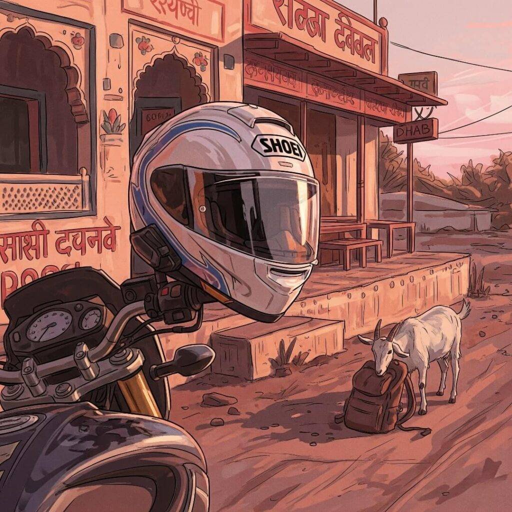 Shoei helmet on bike, goat chewing backpack.