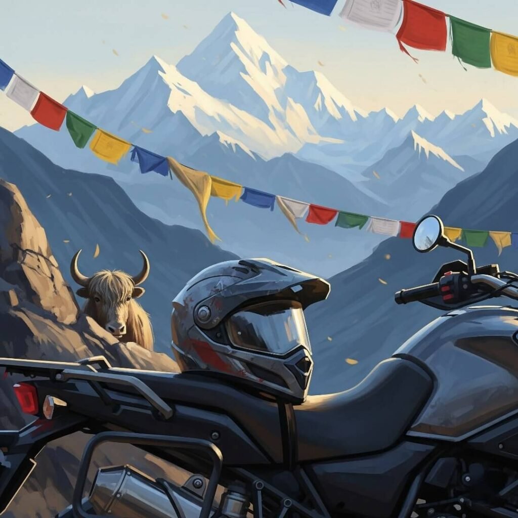 Helmet on bike, Himalayas, prayer flags, yak.

