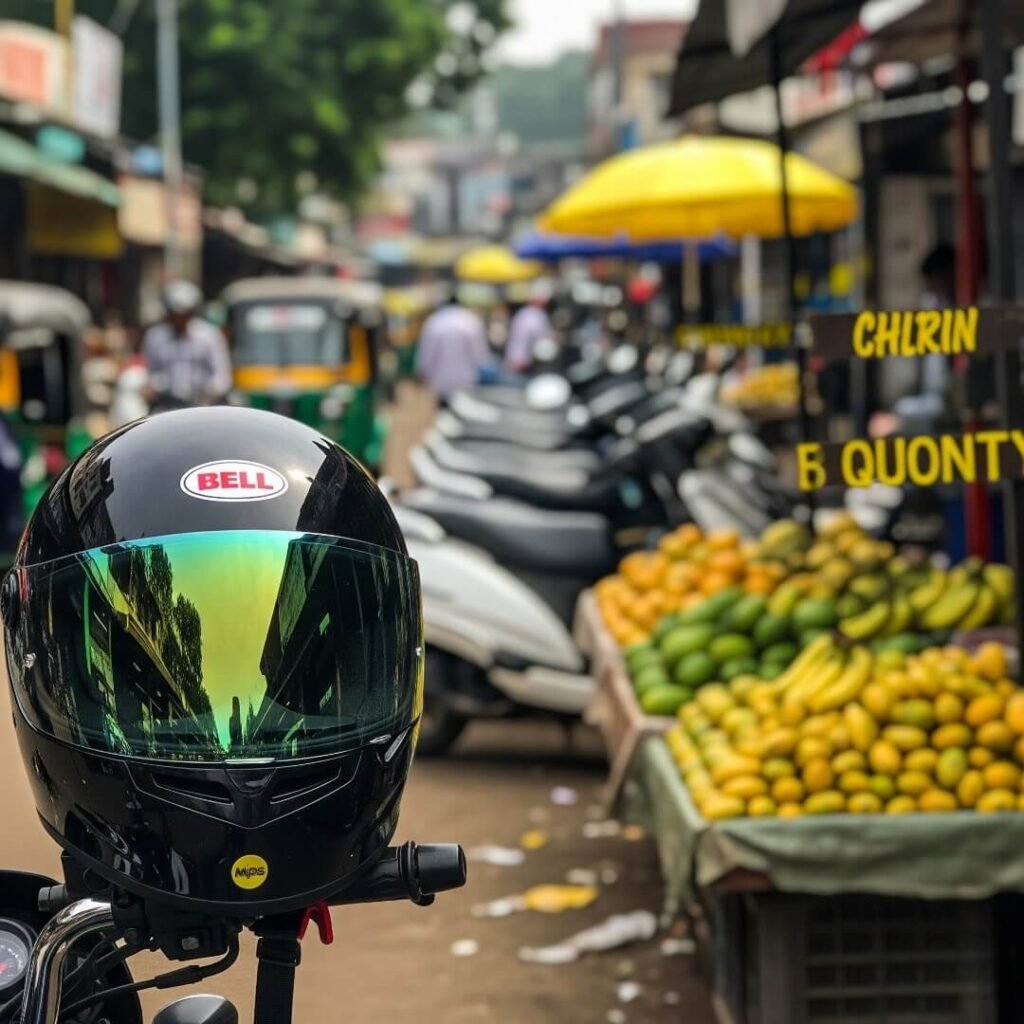 Bell helmet on handlebars in a bustling market.


