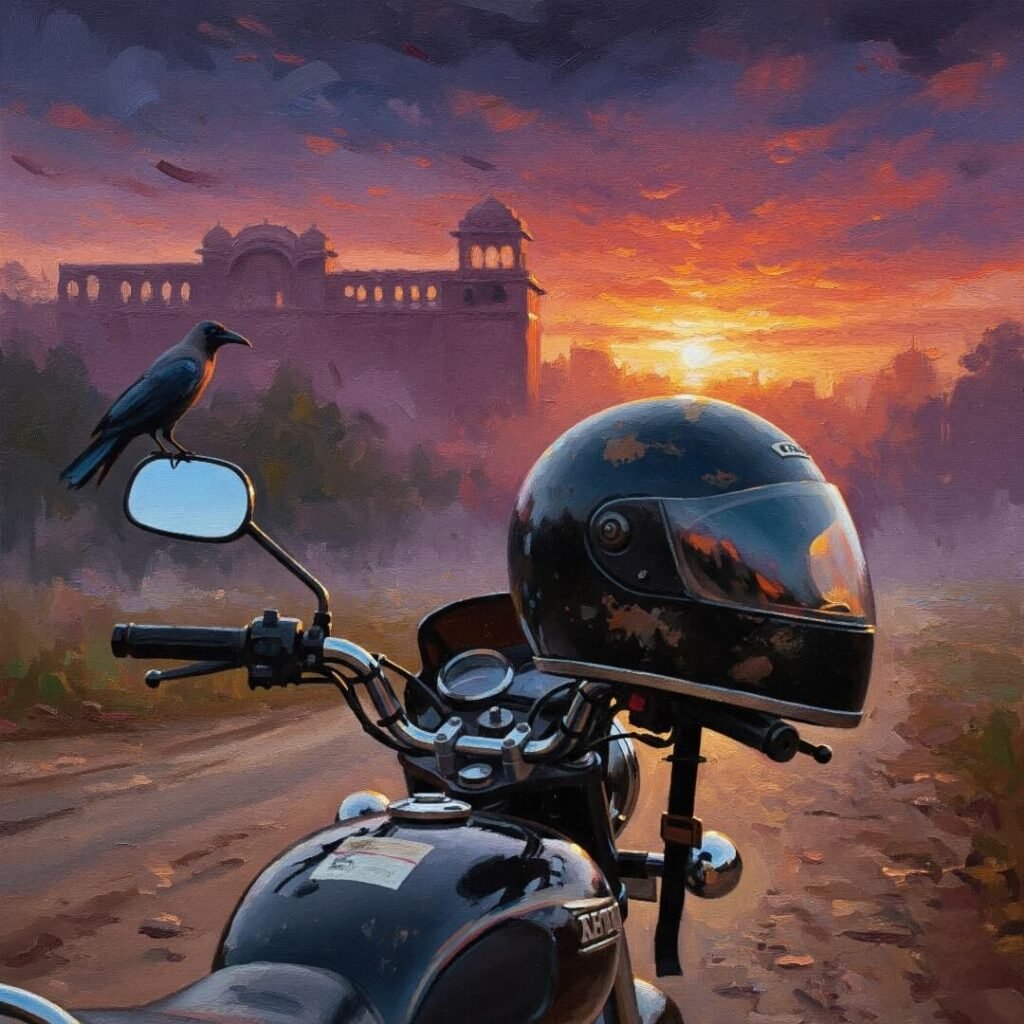  An impressionistic painting of a helmet on a motorcycle at sunset.





 An impressionistic painting of a helmet on a motorcycle at sunset.










