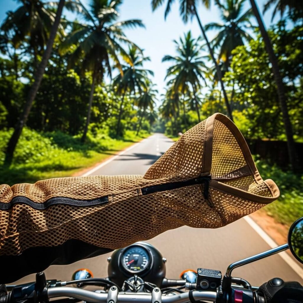 POV of a jacket sleeve on a motorcycle.

