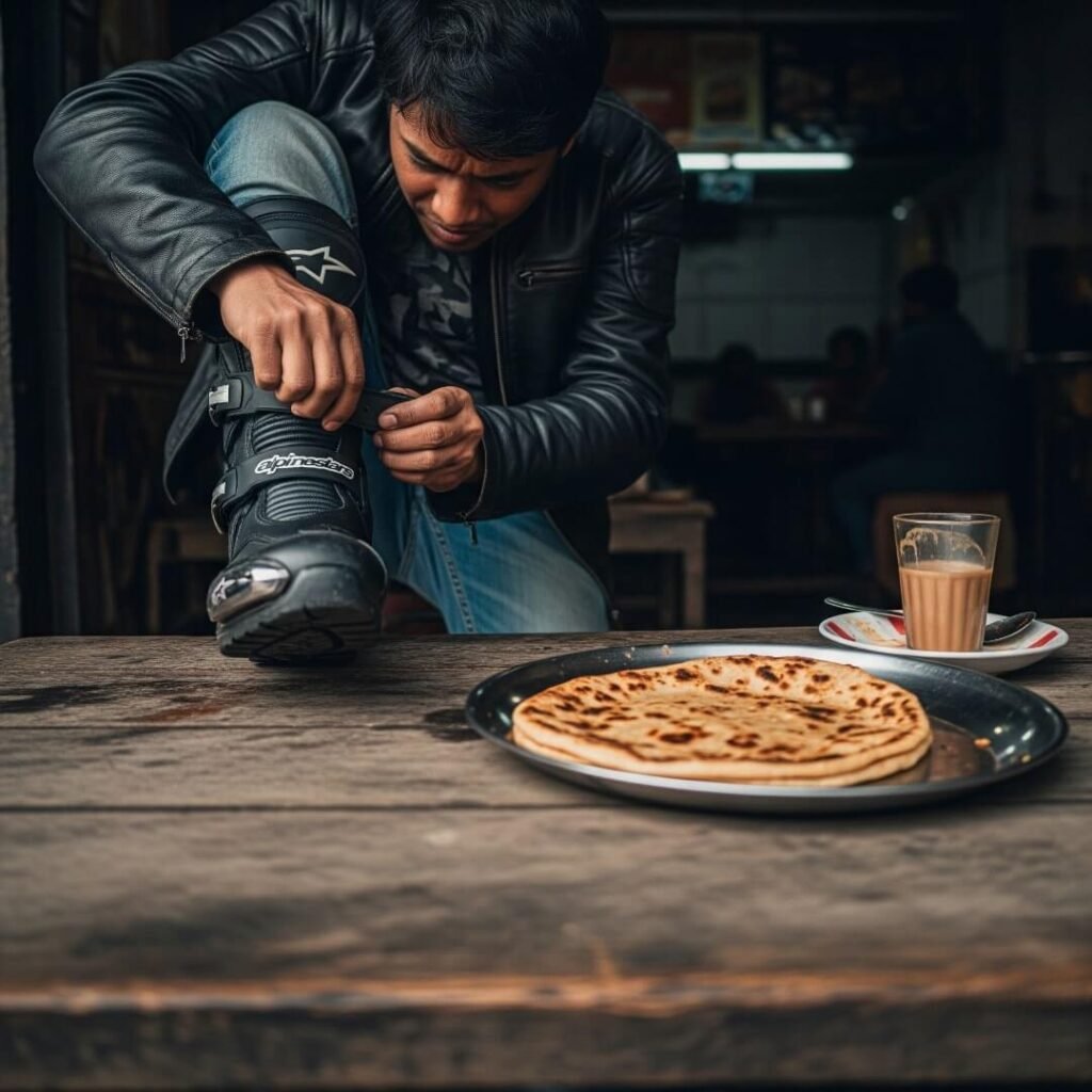 Man adjusts boot at dhaba with food.