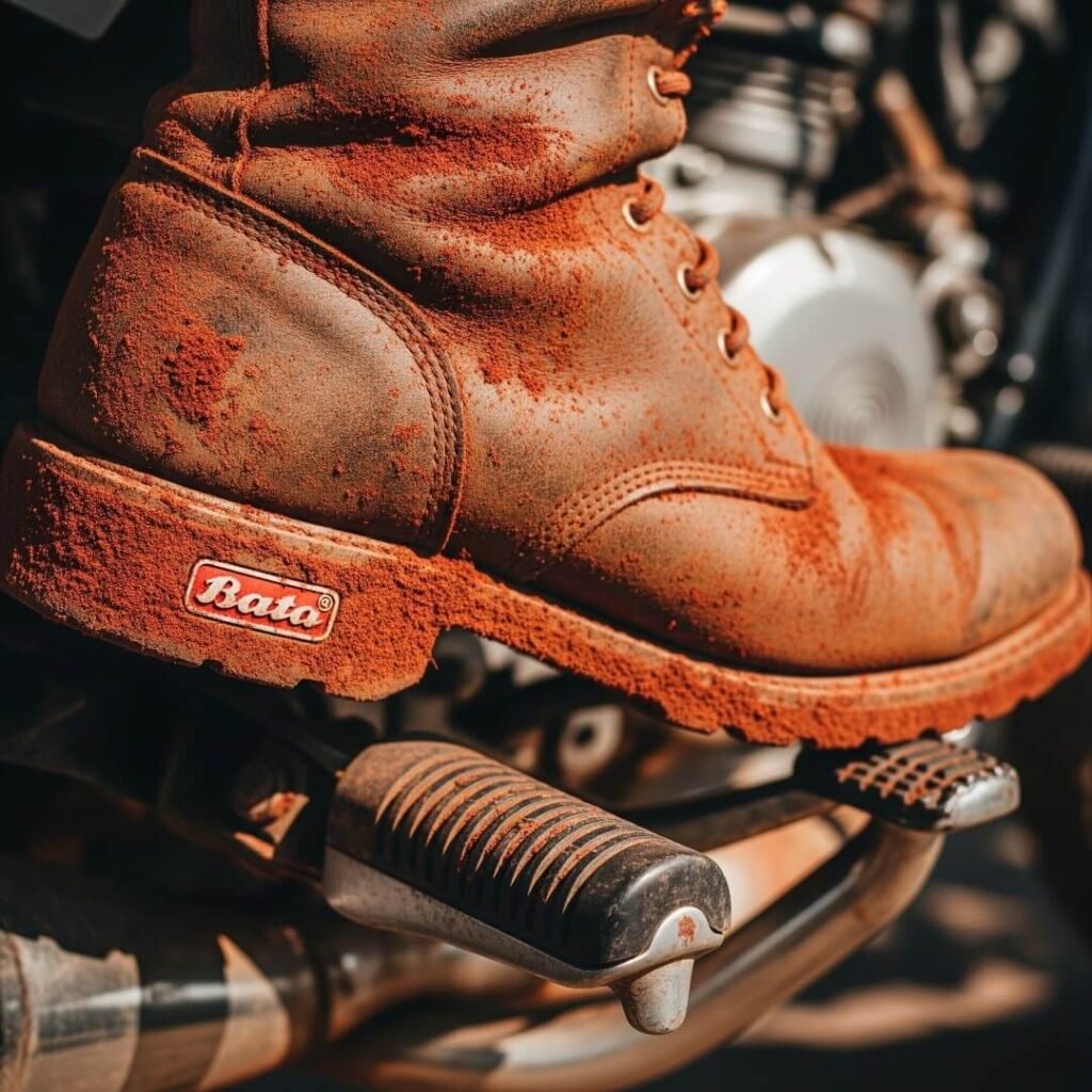 Mud-caked boots resting on a motorcycle's pegs.
