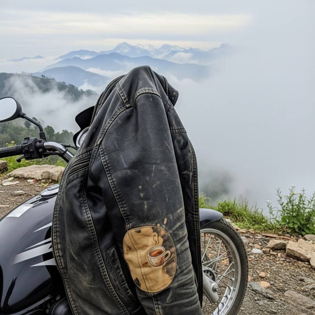 Jacket on bike, foggy Himalayas, chai stain.