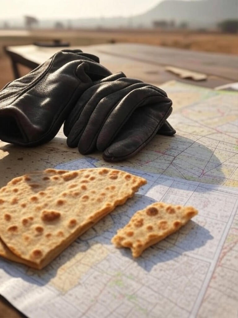 Vintage table: Tossed gloves beside half-eaten paratha, smudged map.