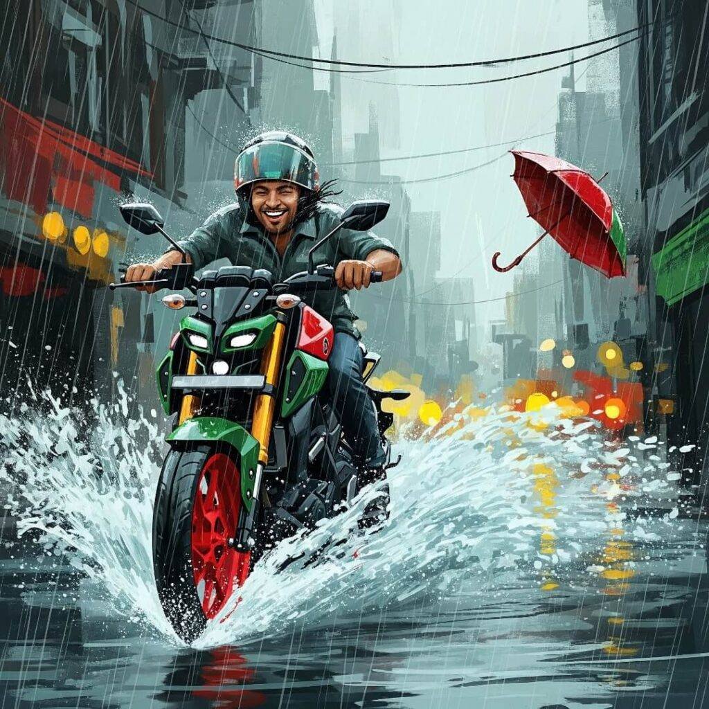 Man on Yamaha MT-15 in Mumbai monsoon.