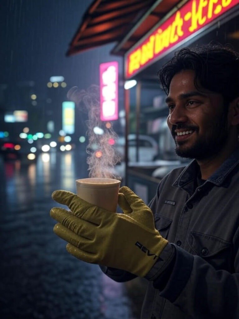 Rainy hands with Sand 4 gloves, chai cup, neon.