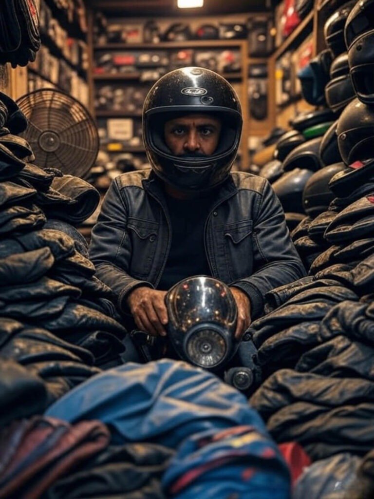 Laughing while trying on helmet in cluttered Indian bike shop.